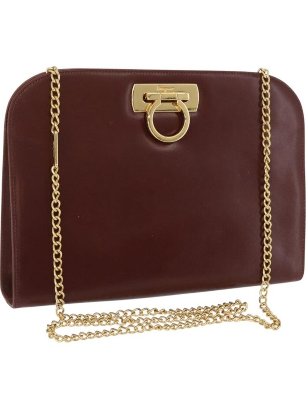Salvatore Ferragamo Gancini Chain Shoulder Bag Leather Brown Gold